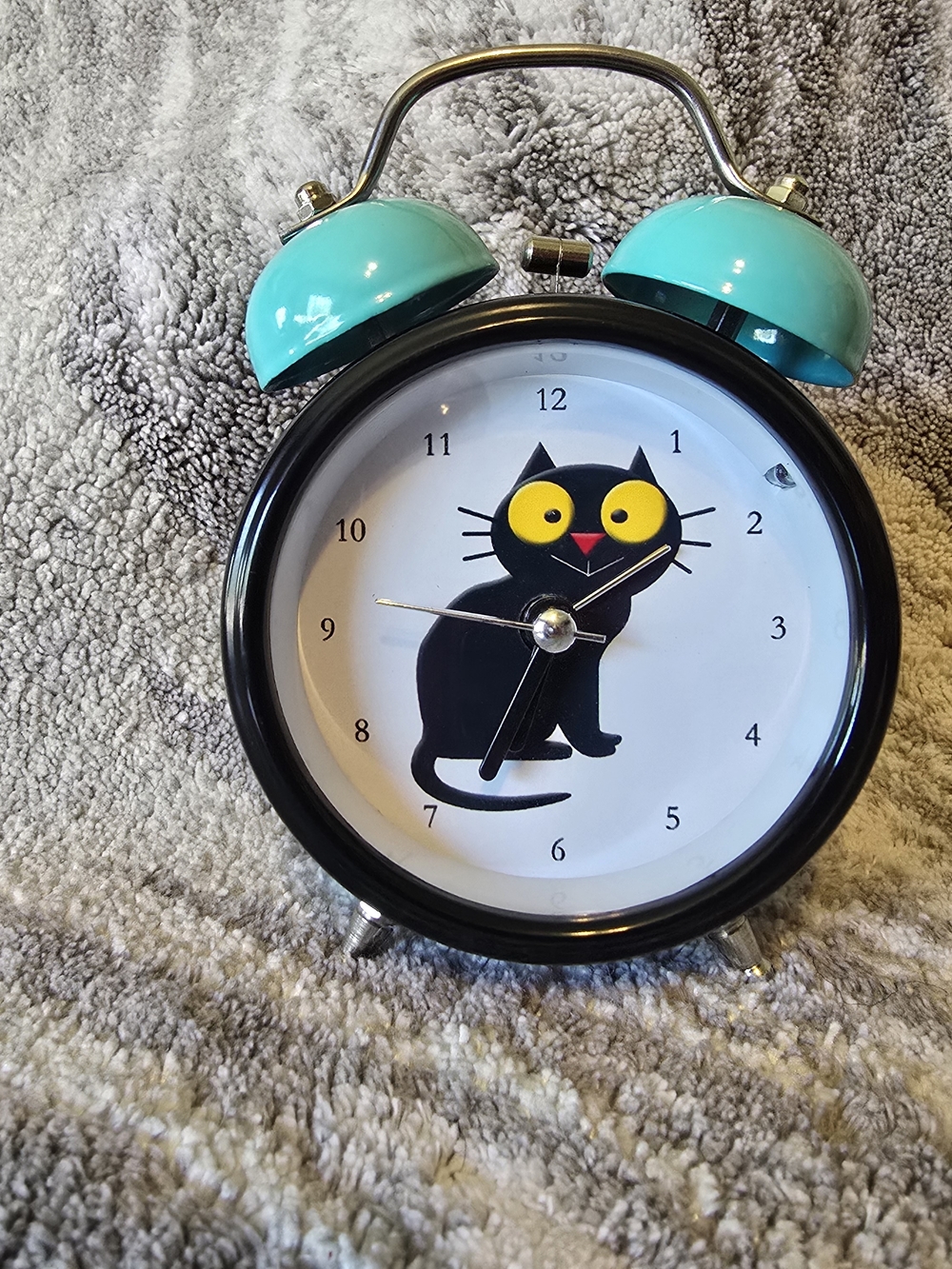 Cato Black Cat Twin-Bell Alarm Clock with Teal Bells
